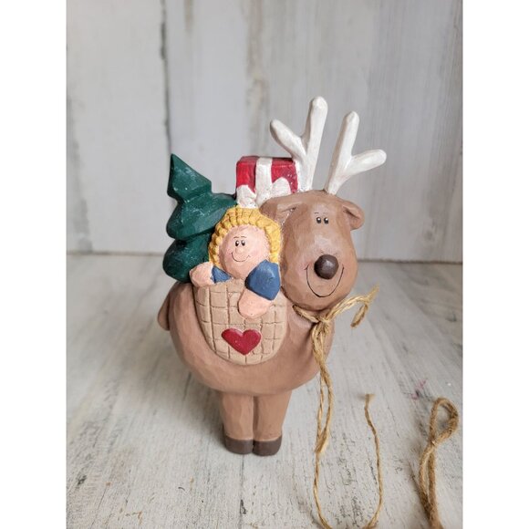 Reindeer wooden folk art figure heart ornament Xmas set - Picture 3 of 8